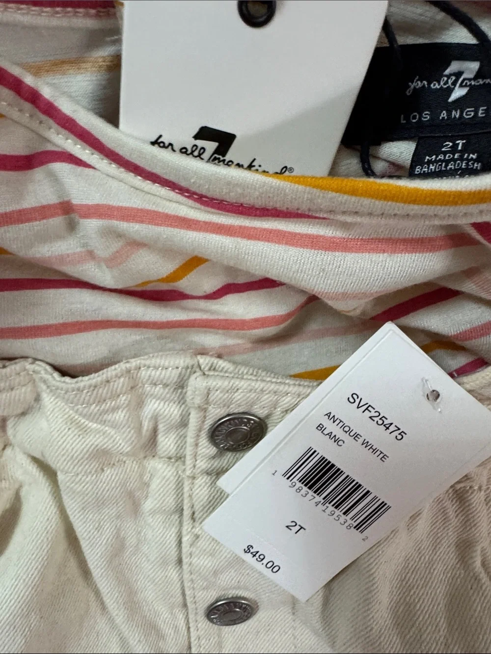 7 For All Mankind Cream Embroidered Overall Dress with Striped Tee